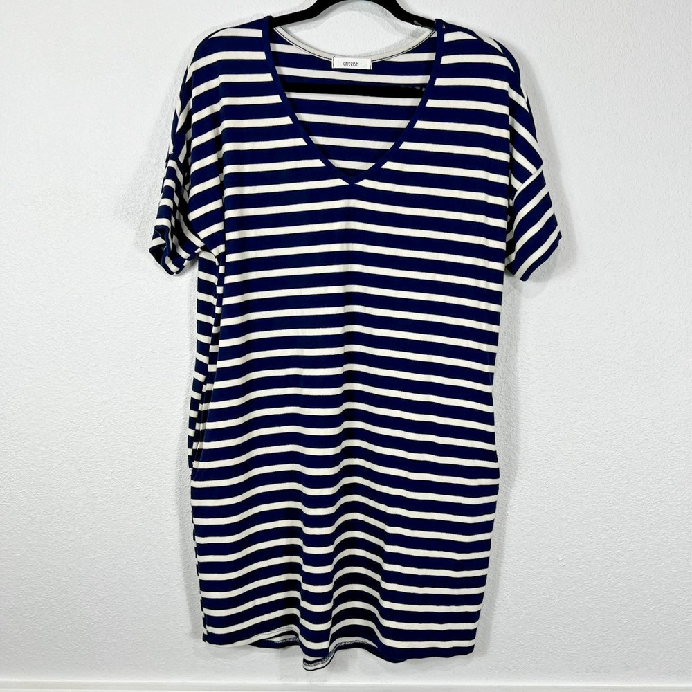 Cherish Womens S‎ Navy Blue White Striped T-Shirt Dress Casual Preppy Twee